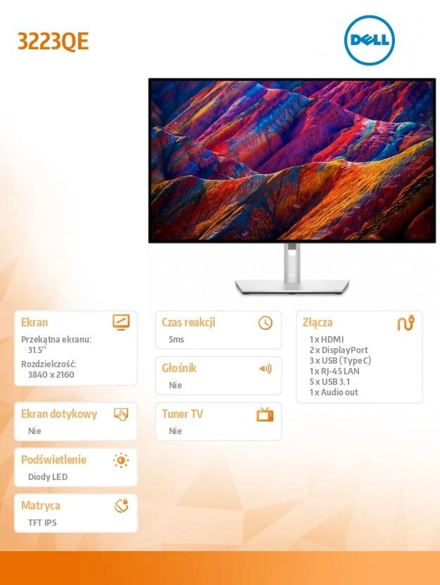 Monitorius Dell UltraSharp U3223QE, 31.5", IPS, 3840 x 2160, 60 Hz, 400 cd/m²