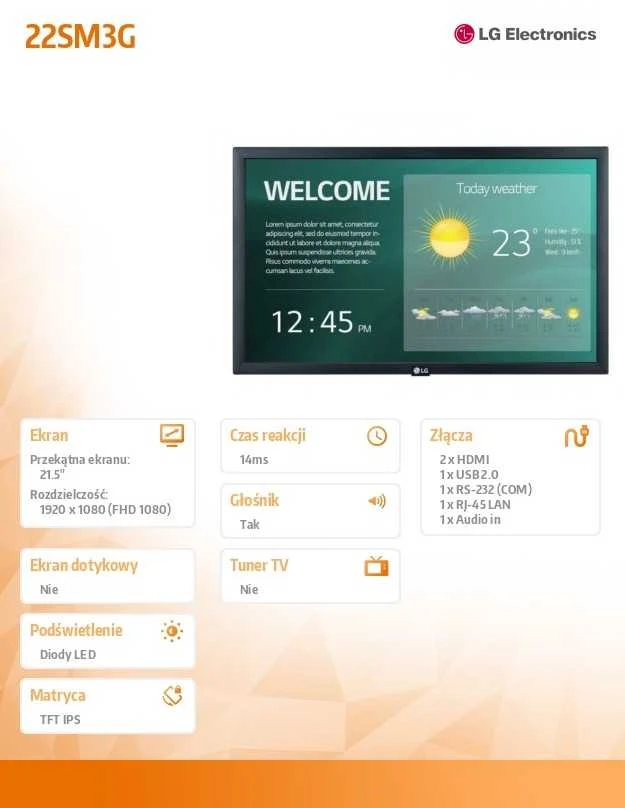 LG Monitorius 22 cale 22sm3g 250cd/m2 16/7