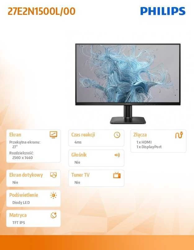 Philips 1000 series 27E2N1500L/00 computer monitorius 68.6 cm (27") 2560 x 1440 pikselių Quad HD LED Juodas