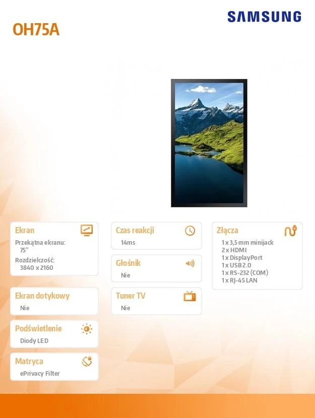 Monitorius SAMSUNG 75" OH75A UHD 3500 NITS 24/7 OUTDOOR HIGH BRIGHTNESS SOC