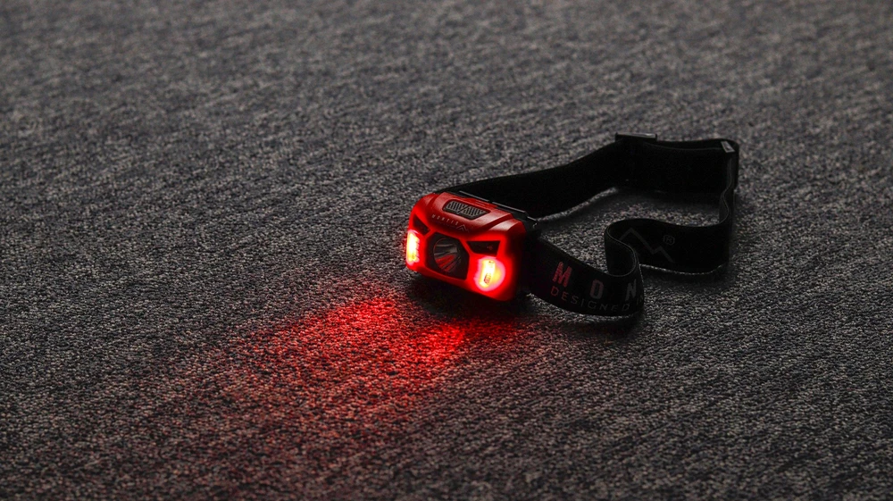 Montis Bateryjna latarka nagłowna su sensorem MT002 Raudona, Juodas Headband prožektorius LED