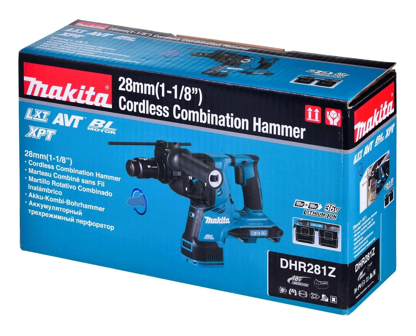Makita perforatorius DHR281Z, SDS-PLUS, 2x18V, 2.9J + papildomas beraktis griebtuvas, be akumuliatoriaus ir kroviklio