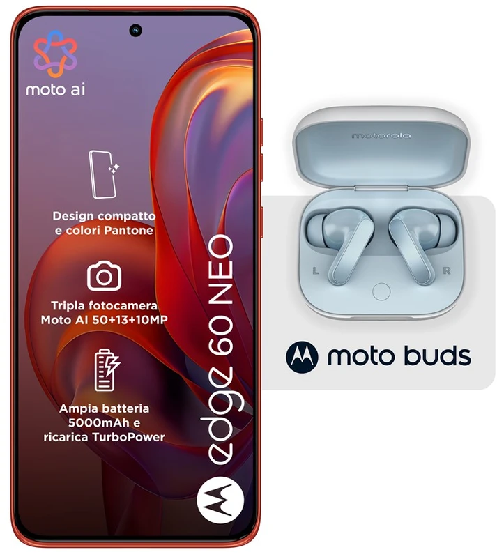 Motorola rinkinys: Moto Edge 60 Neo 8/256GB telefonas (raudonas) + Moto Buds ausinės (melsvos)