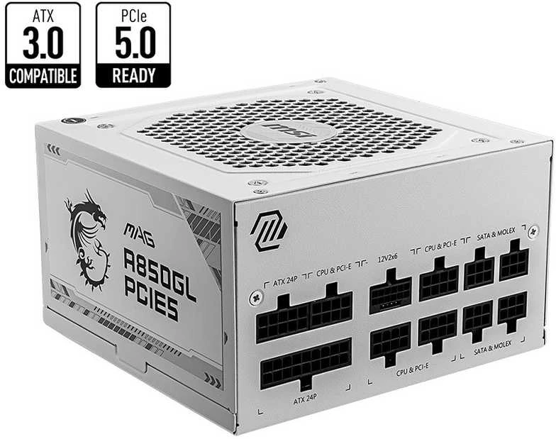Maitinimo šaltinis msi mag a850gl pcie5 baltas 850w 80+ auksinis atx 3.1