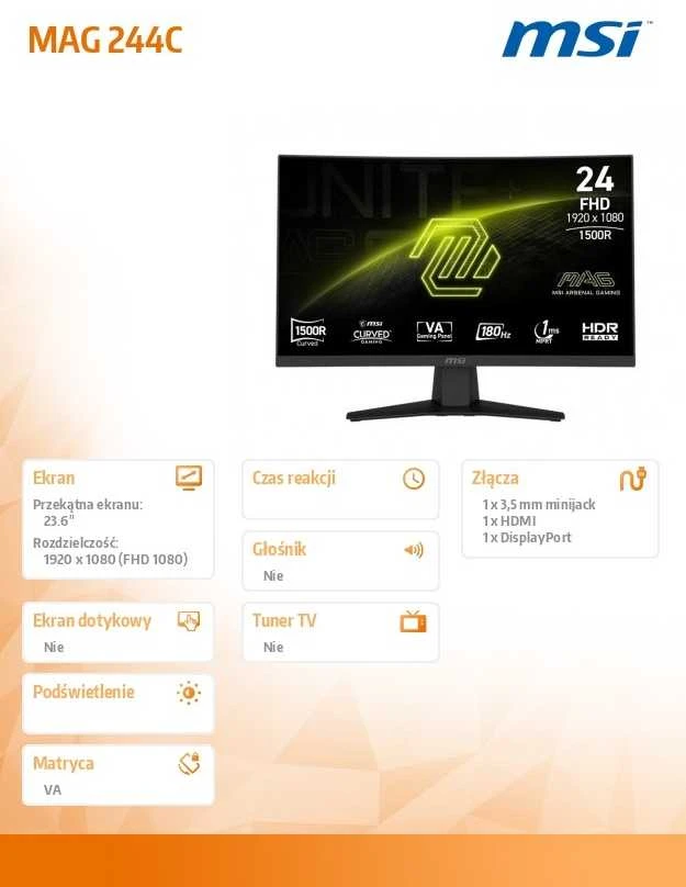 Monitorius MSI MAG 244C - 180Hz | Full HD | 23.6'' | VA | 1ms