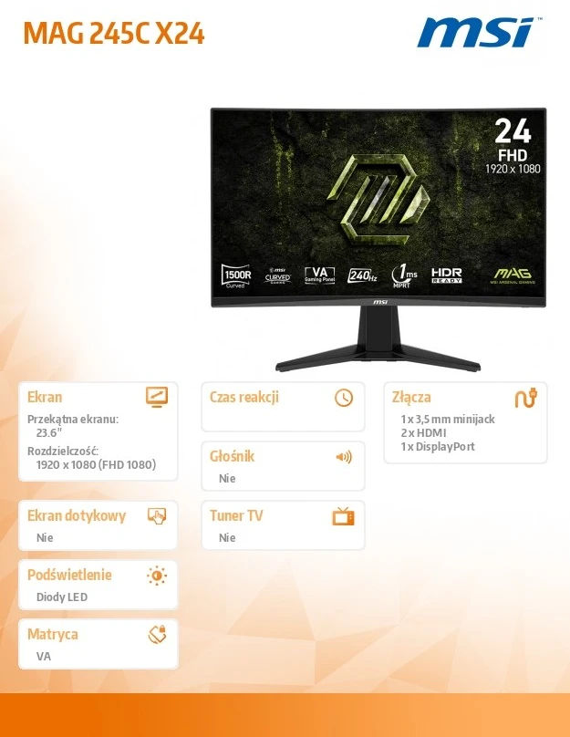 Monitorius MSI MAG 245C X24 - 240Hz | „Full HD“ | VA lenktas | 23,6 colio