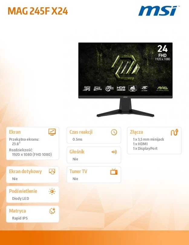 Monitorius MSI MAG 245F X24 - 240Hz | Full HD | Rapid IPS | 23.8"