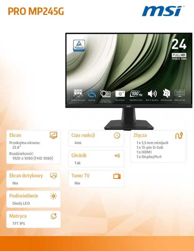 MSI Monitorius 23,8 colio pro mp245g led / fhd / plokščias / 100 Hz / juodas