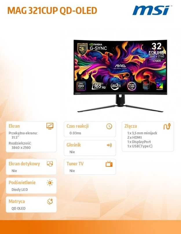 Monitorius MSI MAG 321CUP - 165Hz | 4K | 31.5'' | QD OLED | 0.03ms