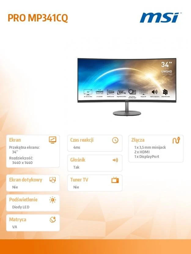 Monitorius MSI PRO MP341CQ | 3440 × 1440 | 100 Hz | 34"