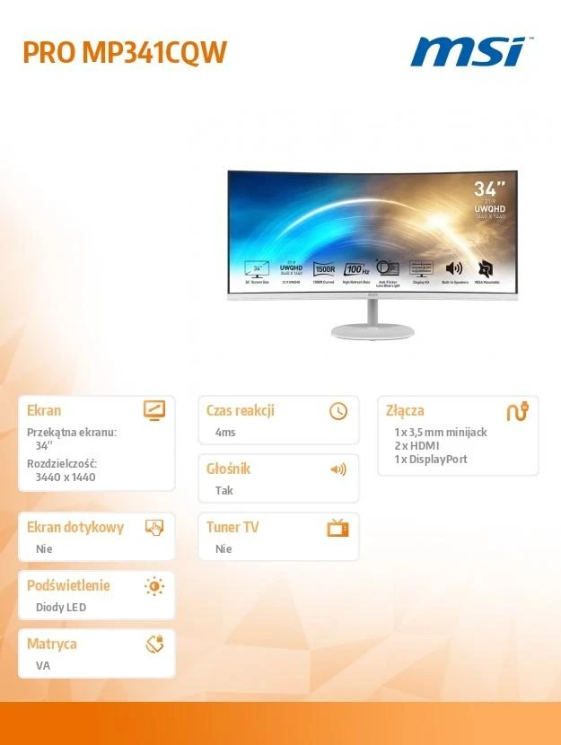 Monitorius MSI PRO MP341CQW | 3440 × 1440 | 100 Hz | 34" | Baltas