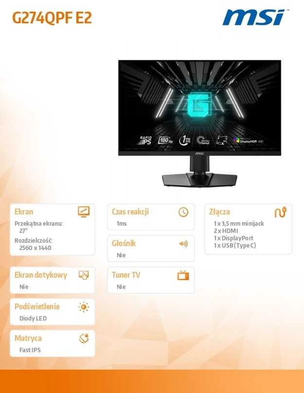 Monitorius MSI G274QPF E2 27 colių Rapid IPS WQHD 180Hz 400cd/m2 1ms 2xHDMI DP USB Type C PD15W Pivot
