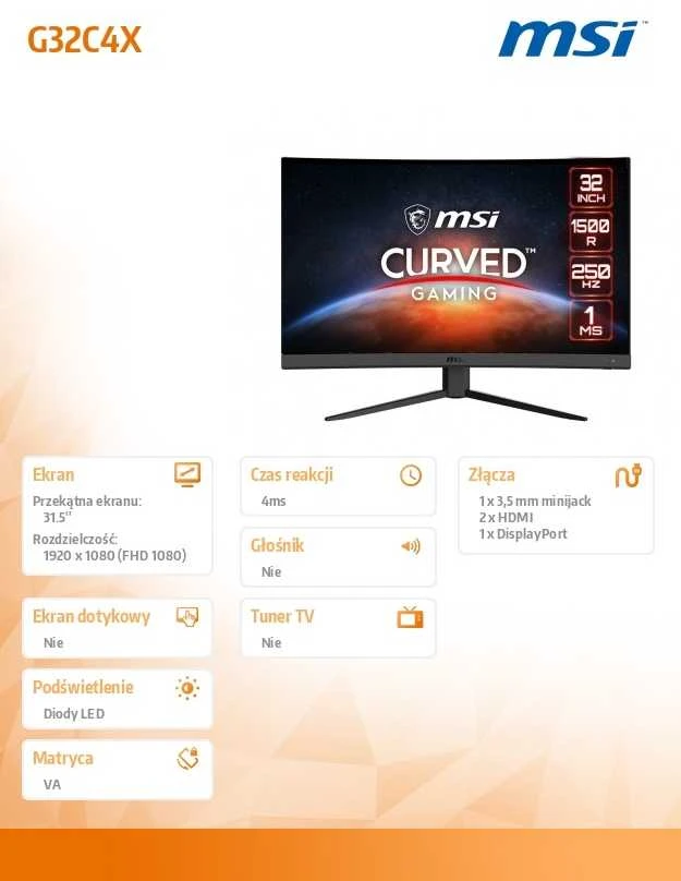 Monitorius MSI G32C4X 31,5 colio VA FHD kreivė 1500R 300cd/m2 250Hz 1ms HDMIx2 DP