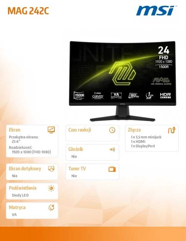 Monitorius MSI MAG 242C - 23,6" | VA išlinkis 1500R | „Full HD“ | 1 ms | 180 Hz