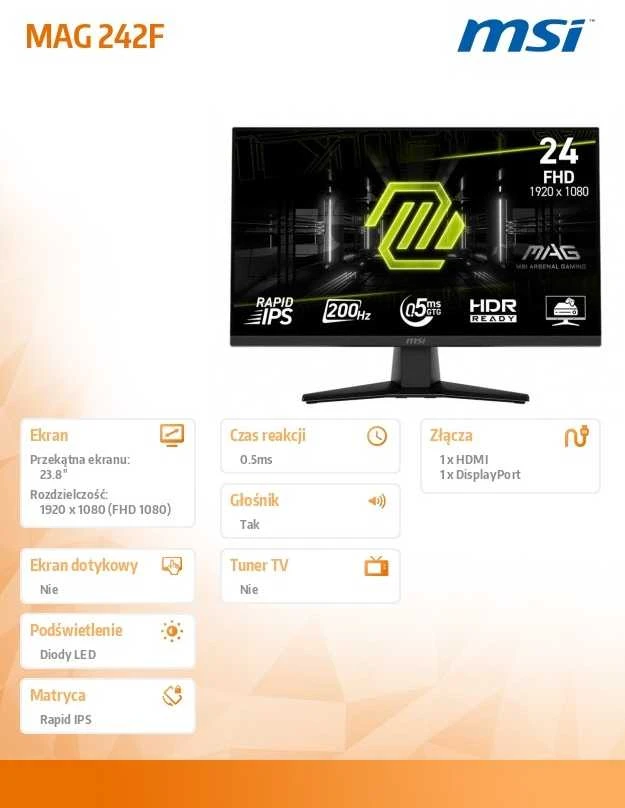Monitorius MSI MAG 242F - 200Hz | Full HD | Rapid IPS | 23.8"
