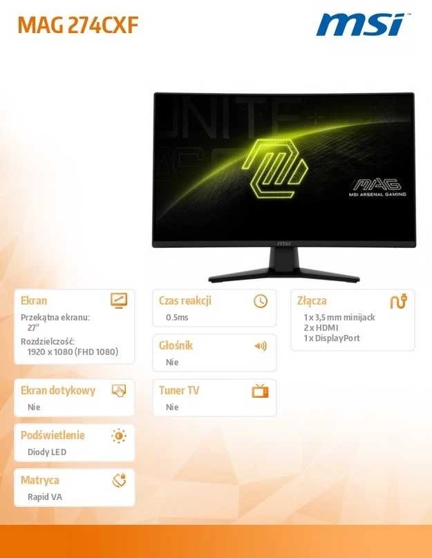 Monitorius MSI MAG 274CXF - 280Hz | Full HD | 27'' | Rapid VA