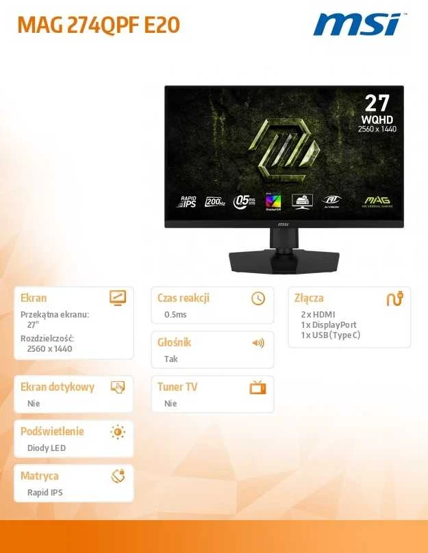 Monitorius MSI MAG 274QPF E20 - 180Hz | QHD | Rapid IPS | 27" | HDR400 | USB-C PD15W