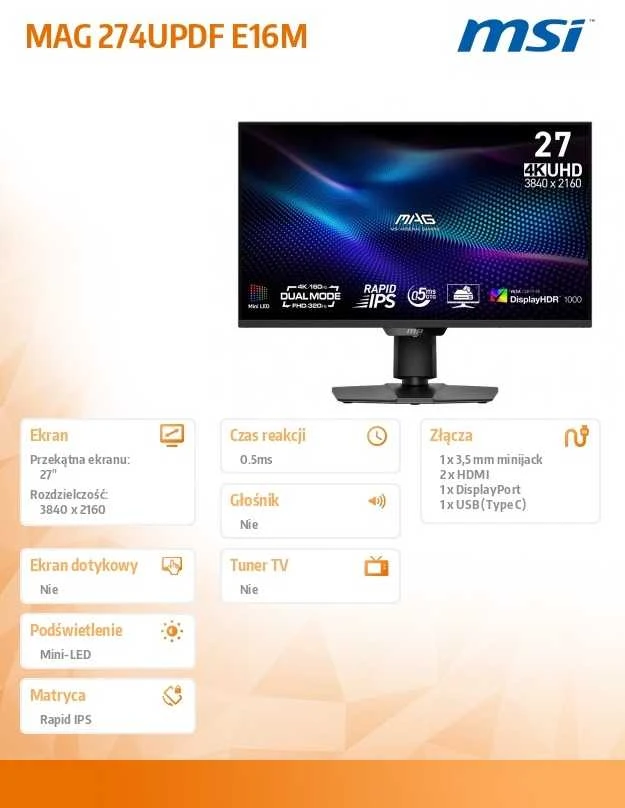 Monitorius MSI MAG 274UPDF E16M - 320Hz Full HD | 160Hz 4K | Rapid IPS | 27"