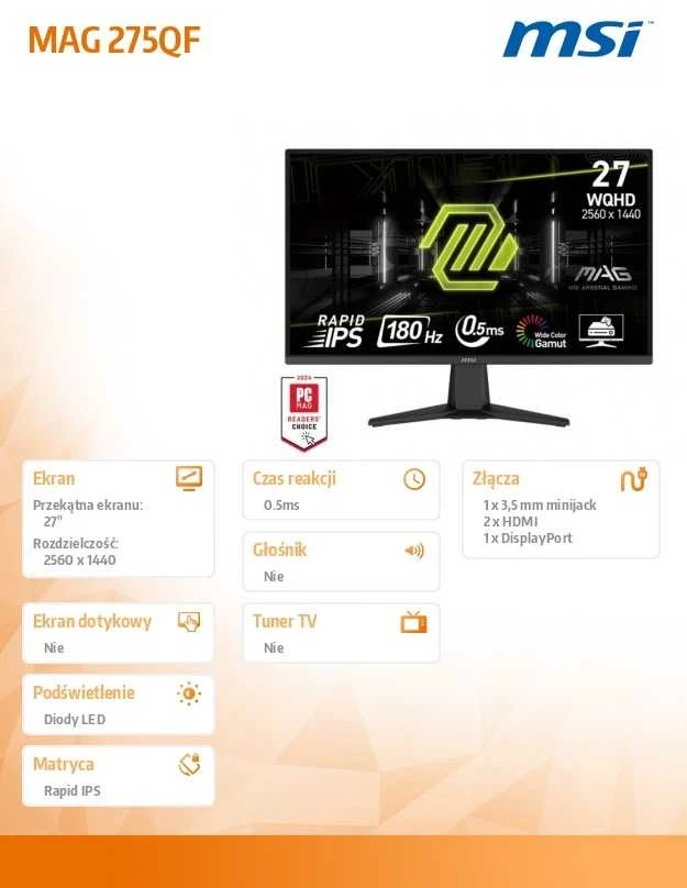 Monitorius MSI MAG 275QF 27 colių Rapid IPS WQHD 180Hz 300cd/m2 0,5ms 2xHDMI DP