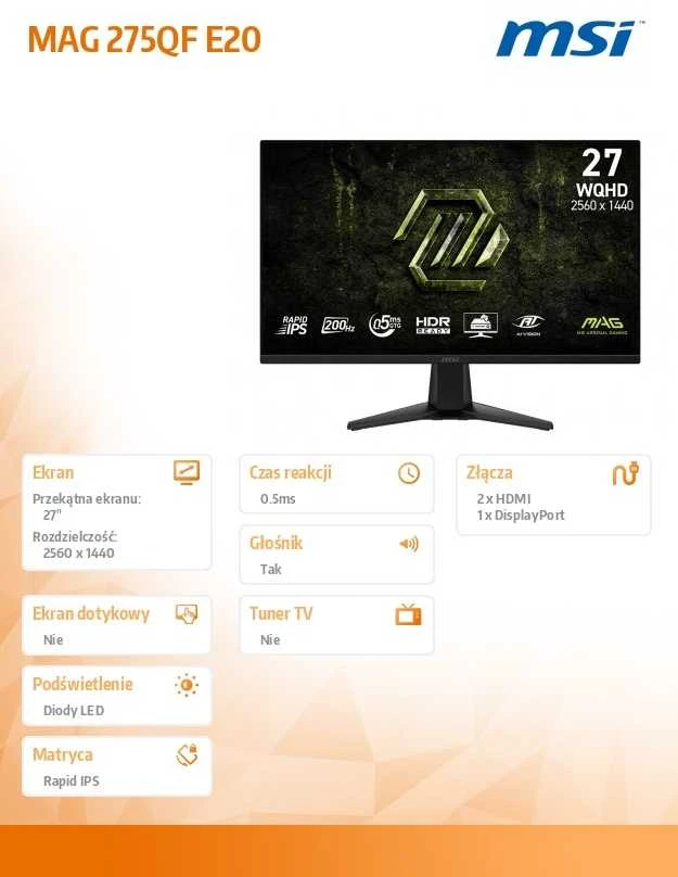 Monitorius MSI MAG 275QF E20 - 200Hz | QHD | Greitas IPS | 27" | 0,5 ms