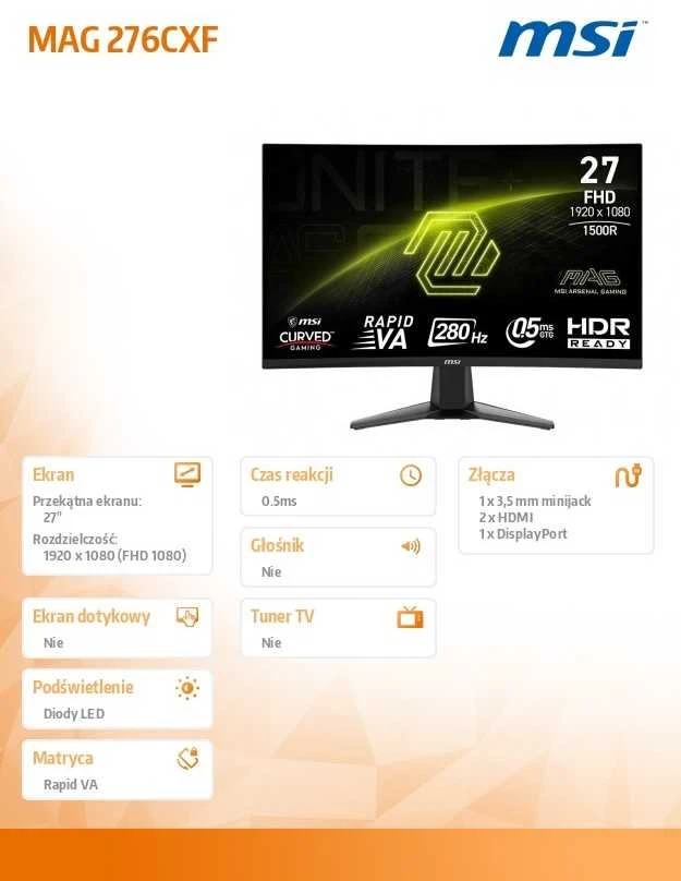 Monitorius MSI MAG276CXF 27 colių Rapid VA FHD Curve 1500R 280Hz 1ms 2xHDMI DP ausinių išvestis Juodas