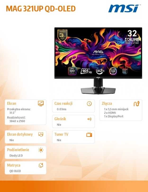 Žaidimų monitorius MSI MAG 321UP, 31.5" 4K UHD (3840x2160) QD-OLED, 165Hz, 0.03ms, HDR, USB-C