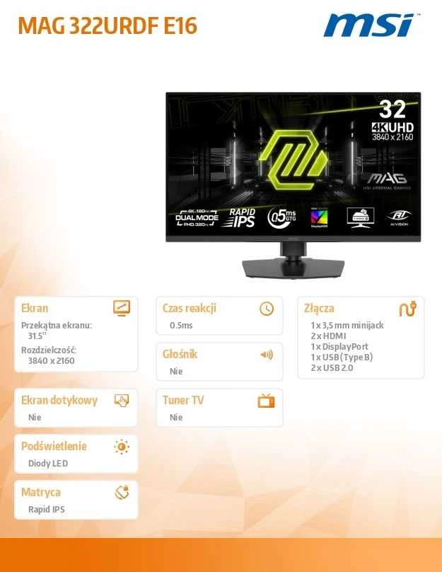 Monitorius MSI MAG 322URDF E16 - 320Hz Full HD | 160Hz 4K | Rapid IPS | 31.5"