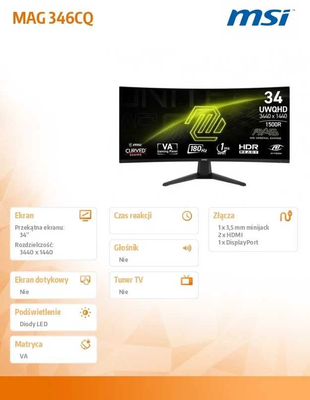 Monitorius MSI MAG 346CQ - 180Hz | UWQHD | 34" | VA