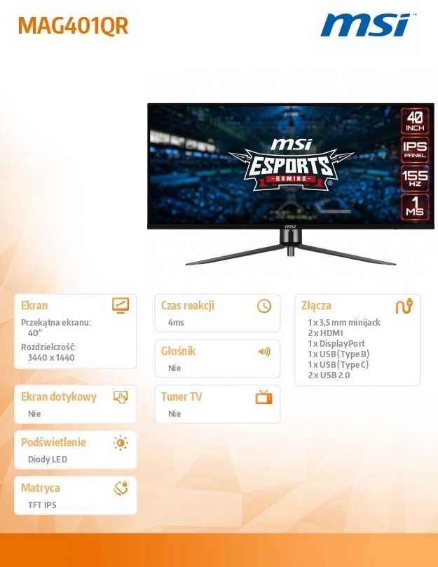 Monitorius MSI MAG401QR - 40" | IPS | UWQHD | 1 ms | 155 Hz