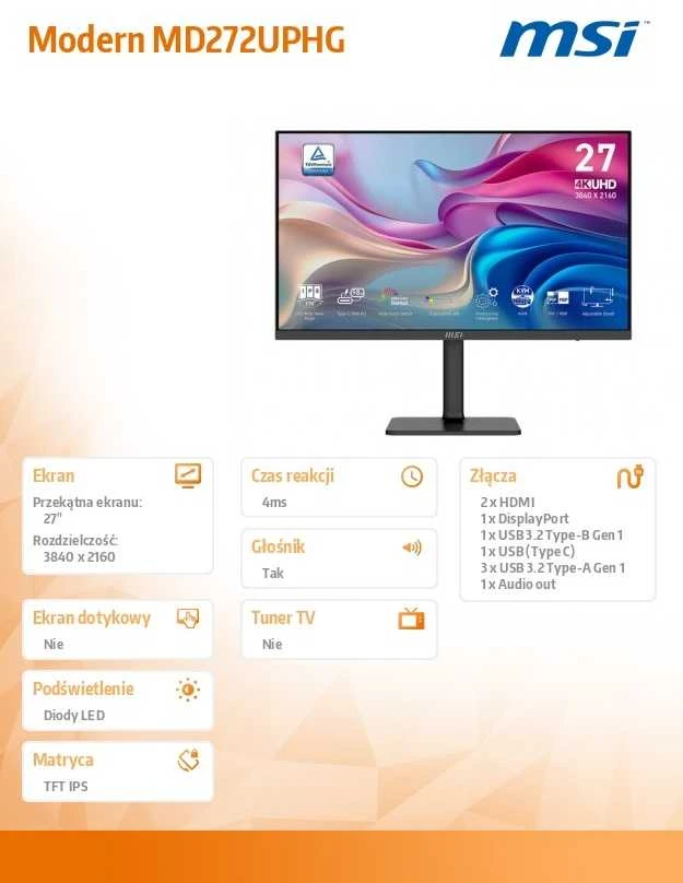 Monitorius MSI Modern MD272UPHG - 27" | IPS | 4K UHD | 4ms | 60Hz