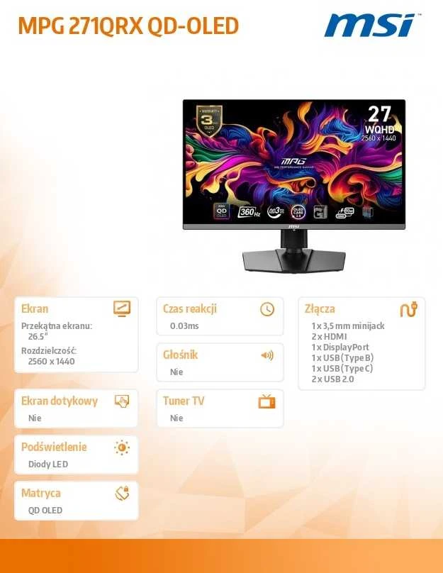 Žaidimų monitorius MSI MPG 271QRX, 26.5" QHD (2560x1440) QD-OLED, 360Hz, 0.03ms, HDR, USB-C