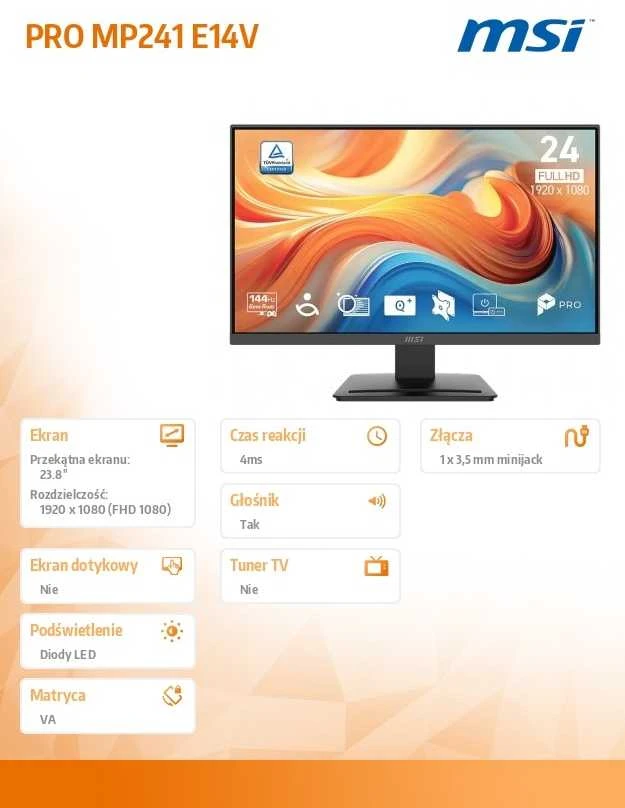 Monitorius MSI PRO MP241 E14V - 144Hz | Full HD | VA | 23.8"
