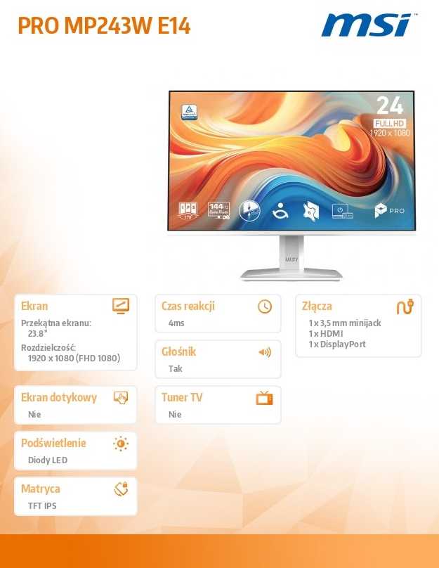 Monitorius MSI PRO MP243W E14 - 144Hz | Full HD | IPS | 23.8"
