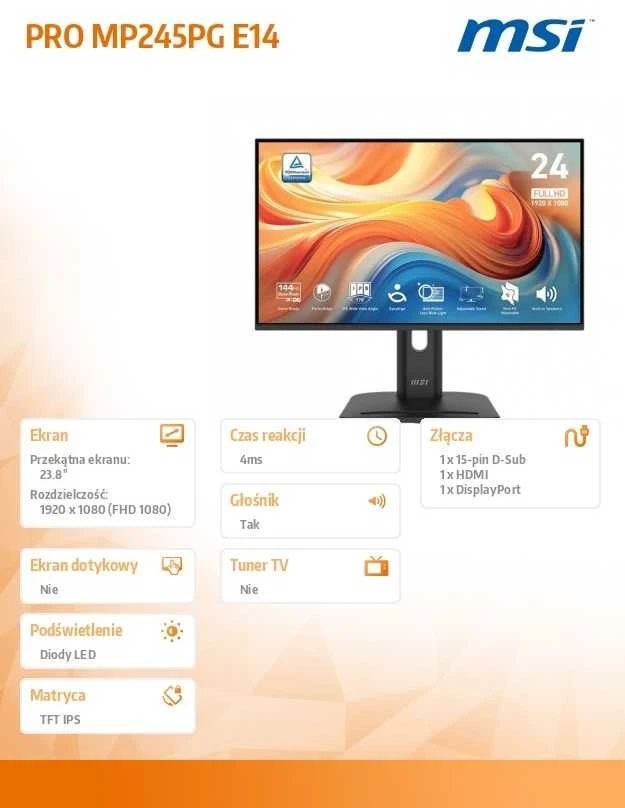 Monitorius MSI PRO MP245PG E14 - 144Hz | Full HD | IPS | 24''