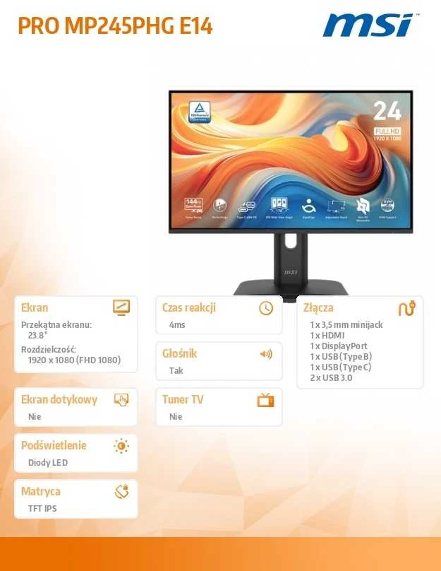 Monitorius MSI PRO MP245PHG E14, 23.8", 1920x1080, IPS, 4,0 ms, VESA 100x100, Juodas