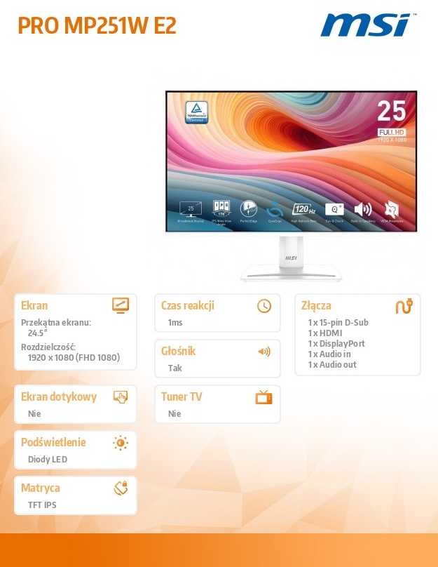 Monitorius MSI PRO MP251W E2 24,5″ / FHD / 120Hz / 1ms (MPRT) baltos spalvos