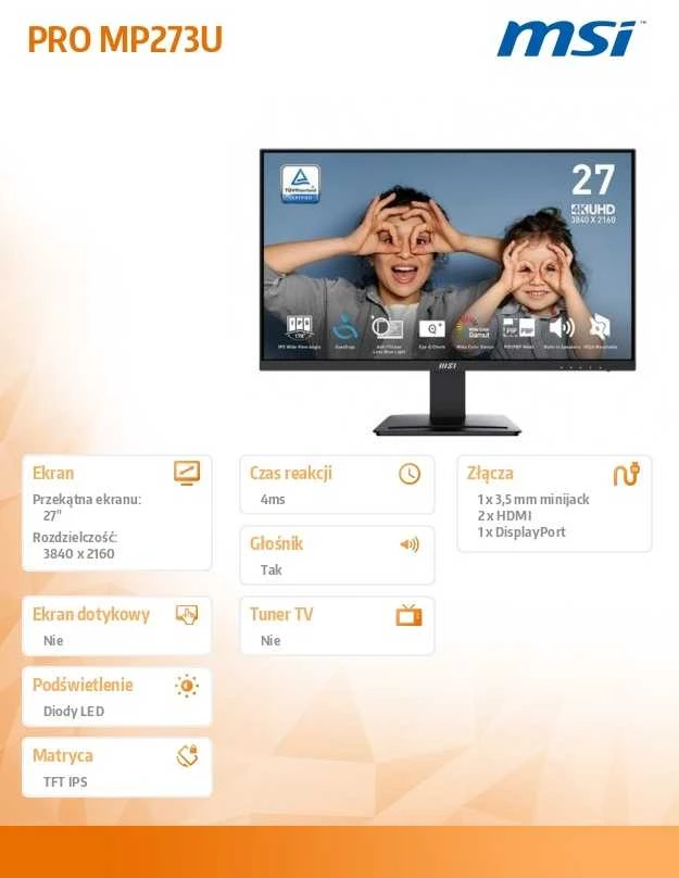 Monitorius MSI PRO MP273U - 27" | IPS | 4K UHD