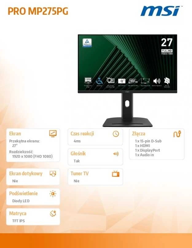 Monitorius MSI PRO MP275PG - 100Hz | Full HD | 27'' | IPS | 1ms