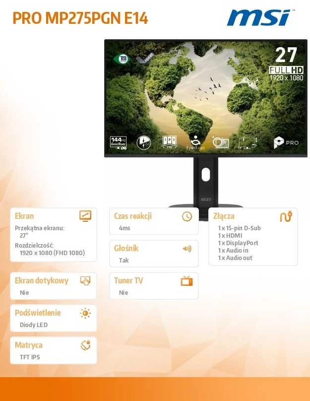 Monitorius MSI PRO MP275PGN E14 - 144Hz | Full HD | IPS | 27"