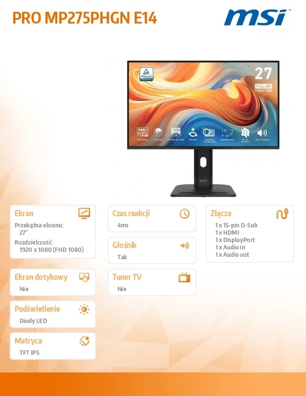 Monitorius MSI PRO MP275PHGN E14 - 144Hz | Full HD | IPS | 27" | USB-C PD15W