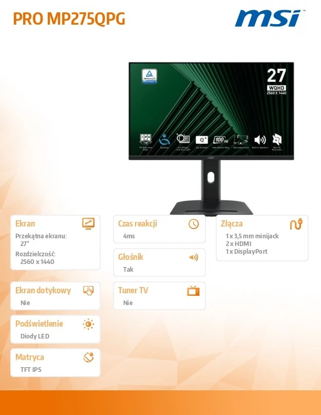 Monitorius MSI PRO MP275QPG / 27″ / WQHD / IPS / 100Hz / 1ms (MPRT) / juodos spalvos – reguliuojamas stovas