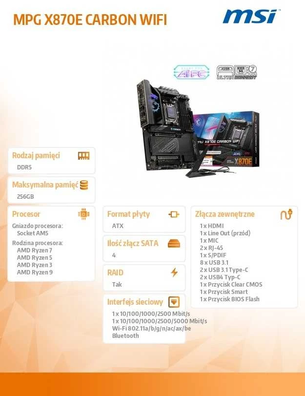 Pagrindinė plokštė MSI procesorių šeima AMD | Procesoriaus lizdas AM5 | DDR5 UDIMM | Palaikomos standžiojo disko sąsajos SATA, M.2 | SATA jungčių skaičius 4