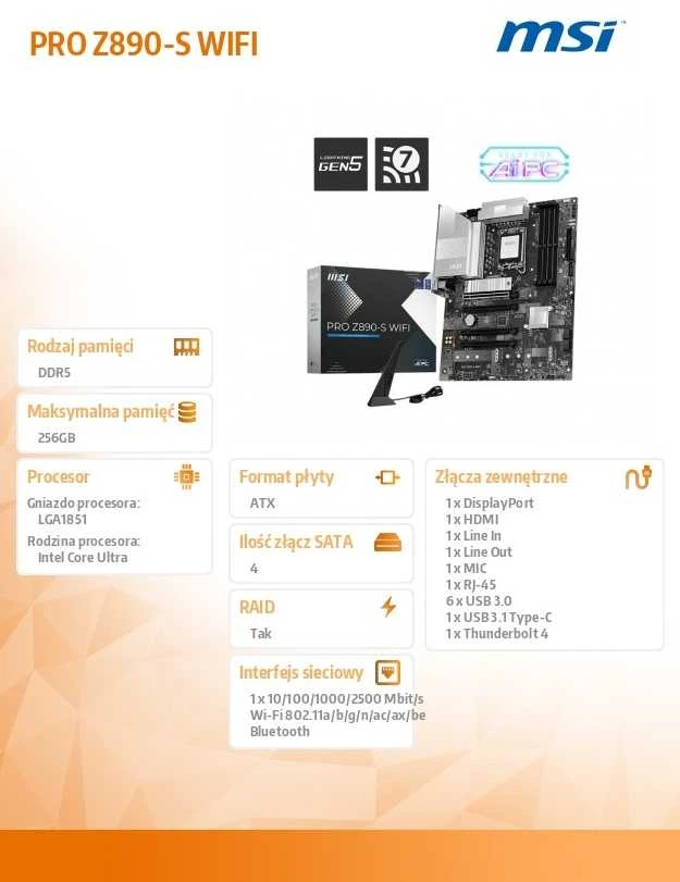Pagrindinė plokštė MSI PRO Z890-S WIFI LGA1851 MB 4xDDR5 4xM.2