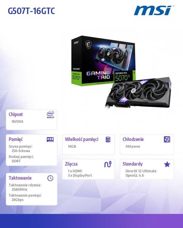 MSI žaidimų vaizdo plokštė GeForce RTX 5070Ti 16G TRIO OC NVIDIA 16GB GDDR7