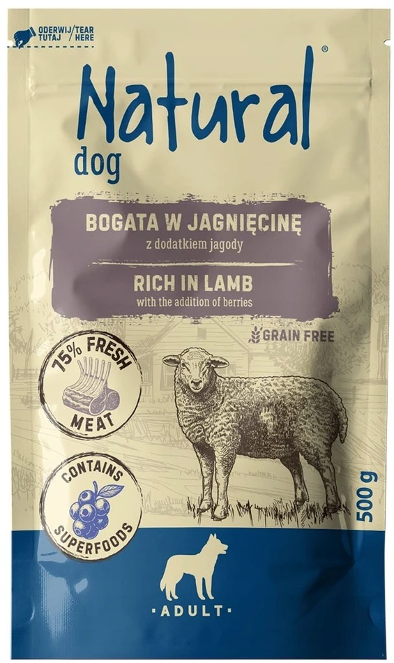 NATURAL ėriena su mėlynėmis - šlapias šunų maistas - 500g