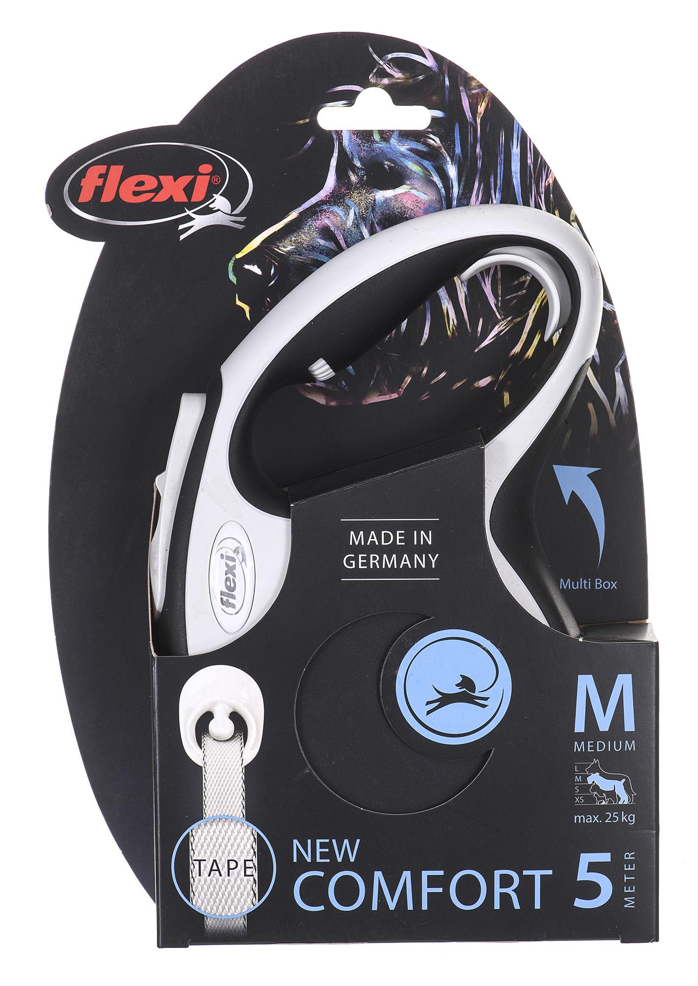 Flexi New Comfort Automatinis juostinis pavadėlis, 5 m / šunims iki 25kg / spalva: juoda ir balta