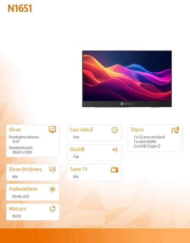 AG Neovo N1651 15.6" 4K OLED Portable Monitorius Juodas