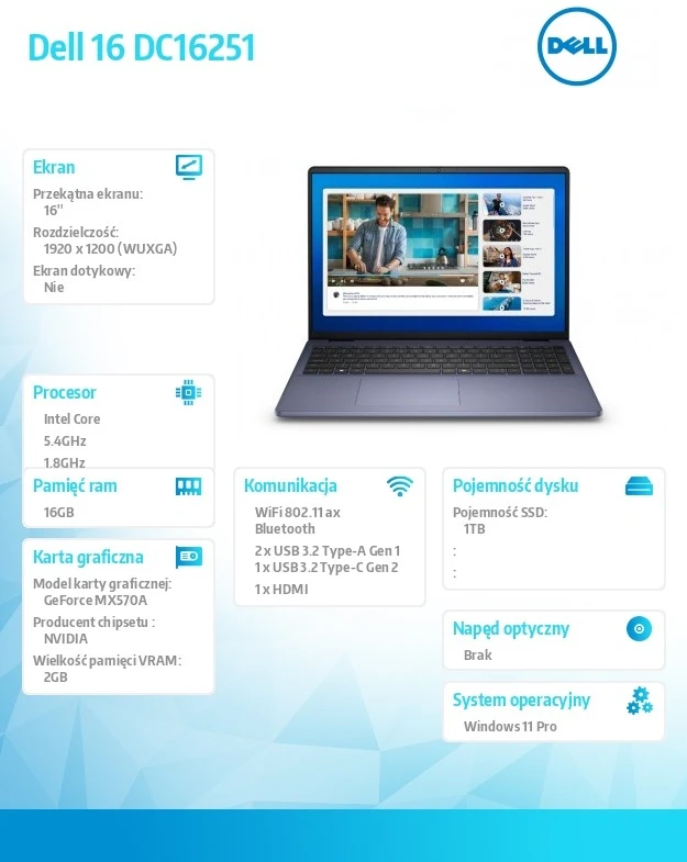 Nešiojamas kompiuteris Dell 16 dc16251 w11p c7-150i/16gb/1tb/16.0 fhd+/gf mx 570a/fgrpr/wlan + bt/apšvietimas 8gb/4cell/3yps platinos sidabrinis