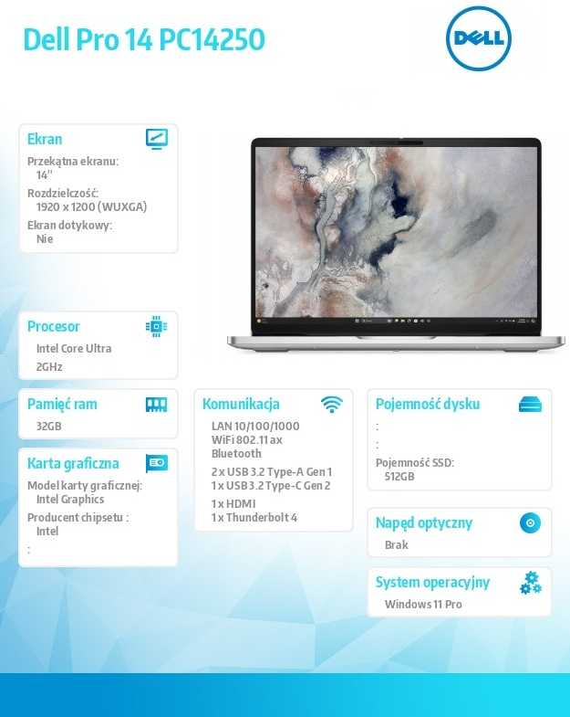 Nešiojamas kompiuteris Dell Pro 14 pc14250 w11p u7 255i/32gb/512gb/14.0 fhd+/int/fgrpr/fhd/ircam/mic/wlan+bt/bcklkb/3c/3yps platinum