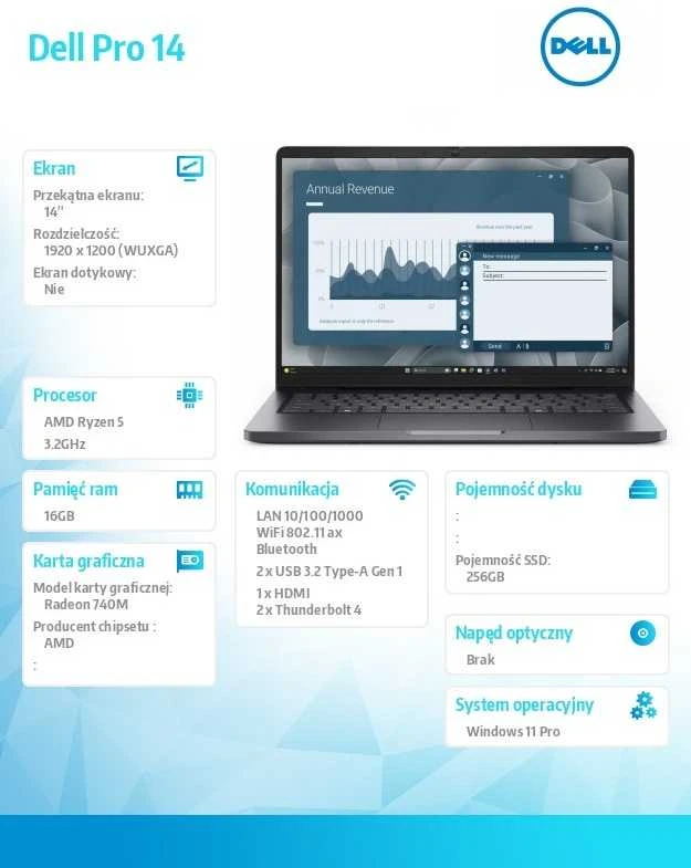 Nešiojamas kompiuteris dell pro 14 pc14255/amd ryzen 5 220/16gb/256gb cl35/14.0 fhd+/radeon 740m/fgrpr/cam & mic/wlan + bt/backlit kb/3 cell/w11pro